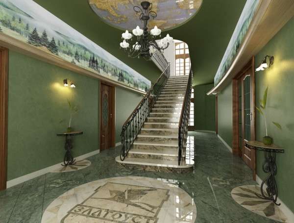 мрамор и дерево в коридоре с лестницей