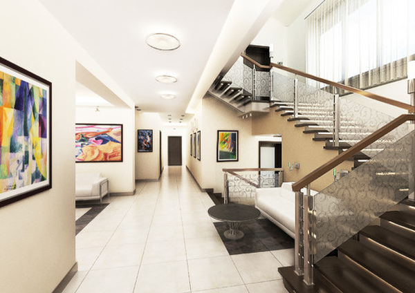 стильный интерьер коридора с лестницей