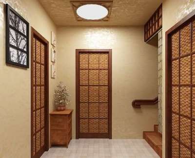 двери с плетённым оформлением в прихожей в японском стиле
