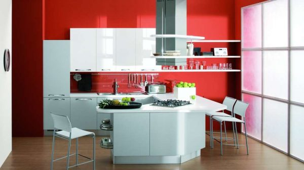 красные окрашенные стены в интерьере кухни