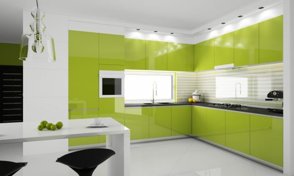 дизайн кухни салатового цвета с белыми стенами