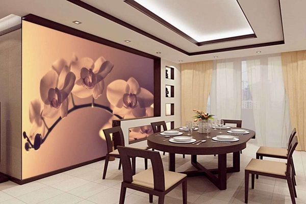 3д фотообои в интерьере кухни с изображением орхидей