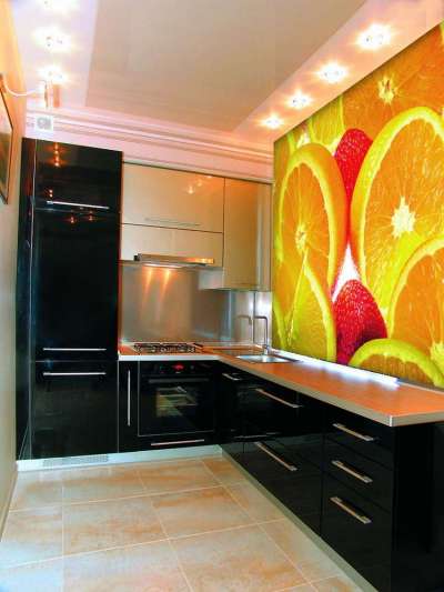 3д фотообои в интерьере кухни с апельсинами