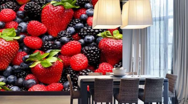 3д фотообои в интерьере кухни с ягодами