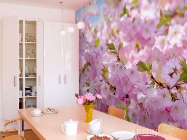 3д фотообои на кухне с цветами
