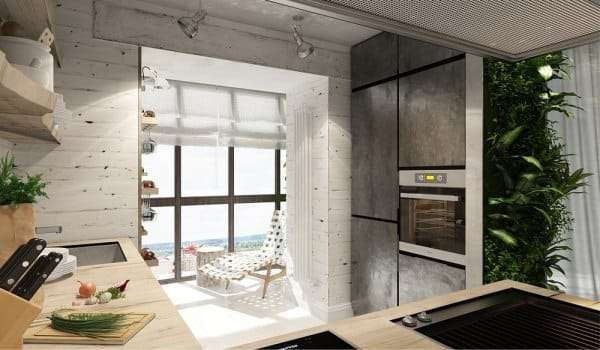 панорамные окна на балконе совмещённом с кухней