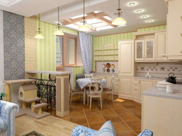 дизайн кухни совмещённой с гостиной в частном доме с разным цветом стен
