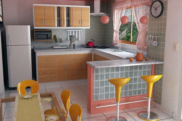 розовый и оранжевый цвет на маленькой кухне