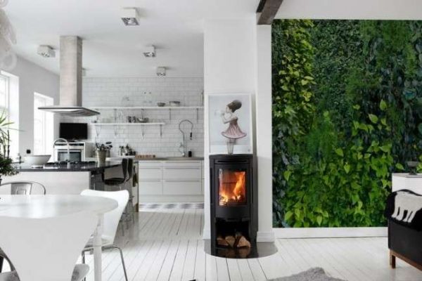фотообои с изображением листвы в интерьере кухни