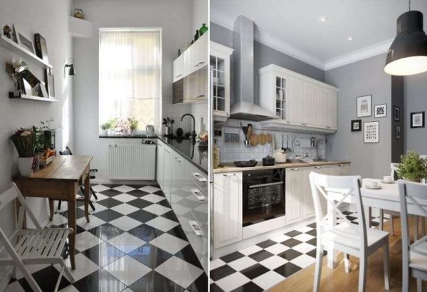 чёрно белая плитка на полу кухни в шахматном порядке