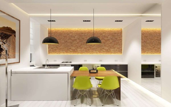 Дизайн кухни минимализм с кирпичной стеной