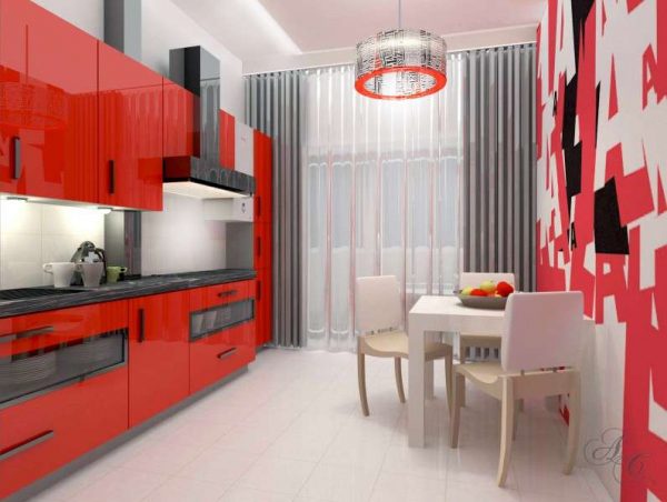 красный интерьер кухни в однокомнатной квартире