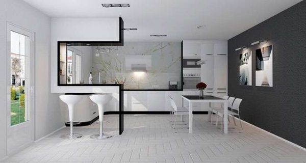 интерьер чёрно-белой кухни в стиле хай тек