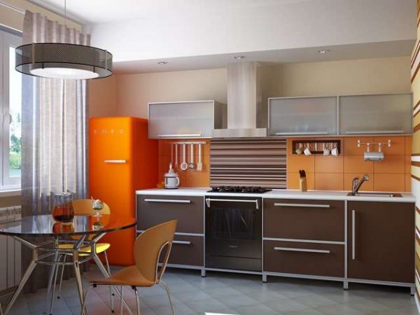оранжевый холодильник на кухне в стиле модерн