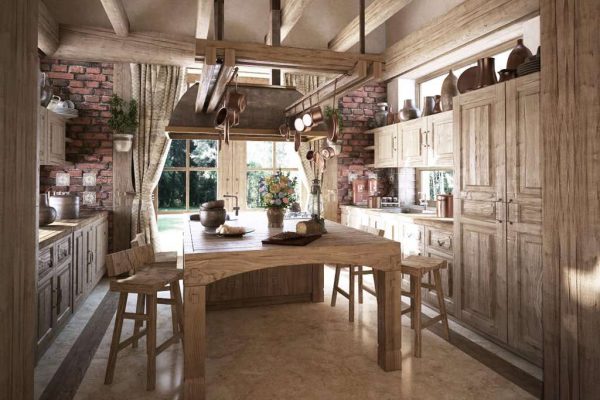 деревянный гарнитур на кухне в стиле шале