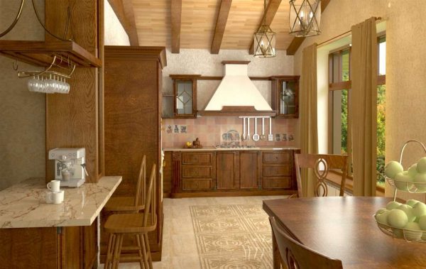 деревянный гарнитур на кухне в стиле шале
