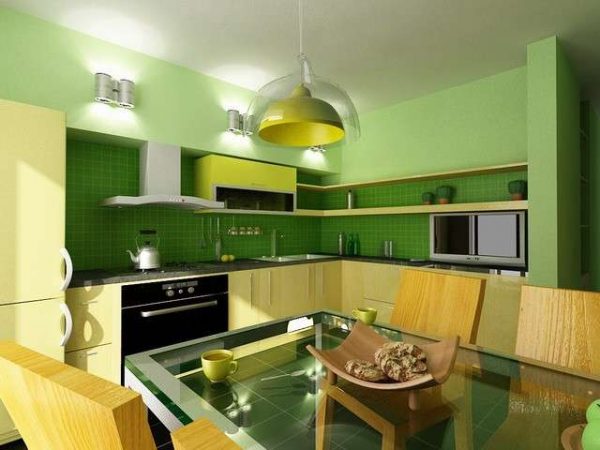 зеленый цвет стен в интерьере кухни