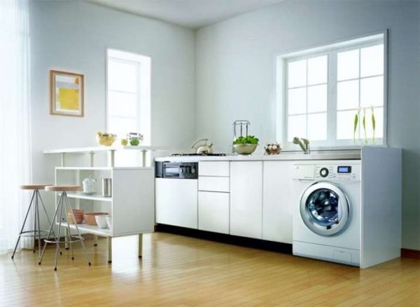 стиральная машина в интерьере белой кухни
