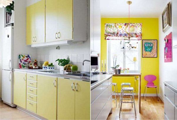 жёлтый цвет в интерьере кухни с белой мебелью