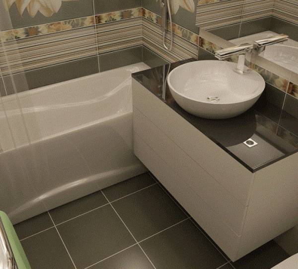 интерьер ванной комнаты в хрущёвке с плиткой на полу