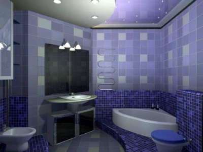 дизайн ванной комнаты с синим кафелем и мозаикой