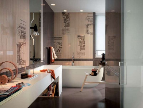 дизайн ванной комнаты с бежевым кафелем
