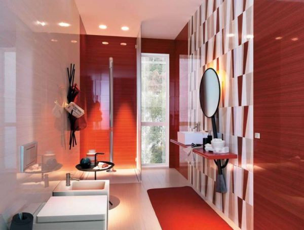 красный в интерьере ванной комнаты с плиткой