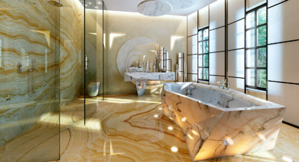 современный интерьер ванной комнаты с мрамором