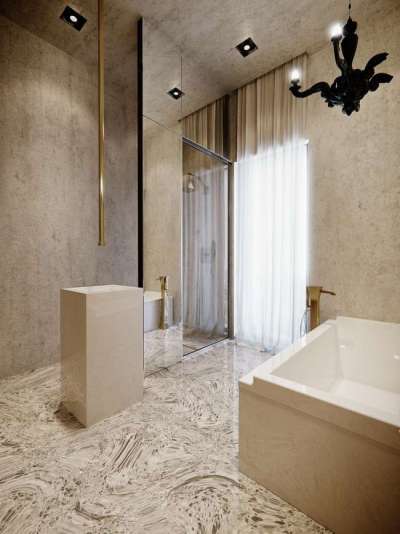 интерьер ванной комнаты с плиткой на полу и стенах