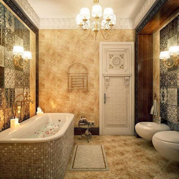 интерьер ванной комнаты с плиткой по диагонали на полу