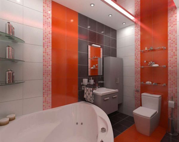 оранжевая плитка в интерьере ванной комнаты