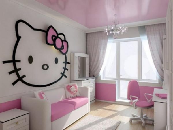 розовый натяжной потолок в детской для девочки