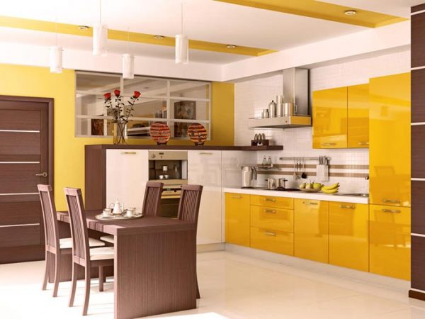 жёлтая глянцевая угловая кухня